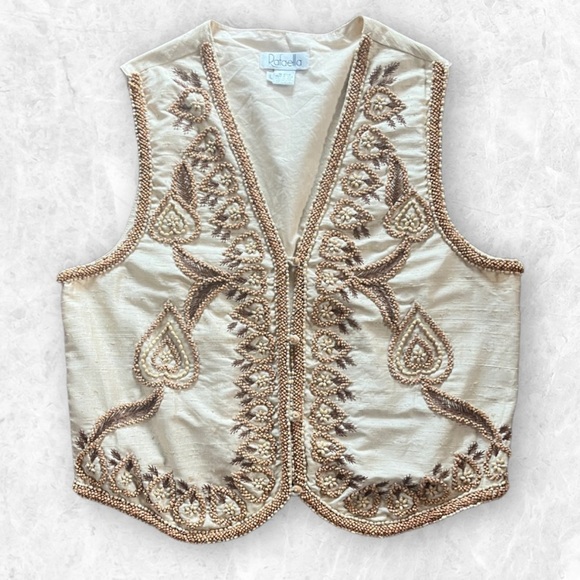 31. Vintage RAFAELLA Cream Silk Beaded Vest Sz Lg - Picture 2 of 13